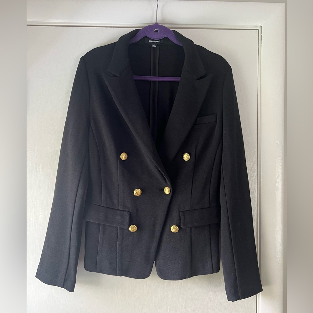 525 America Double Breasted Knit Sweater Blazer Jacket Classic Black Gold Button